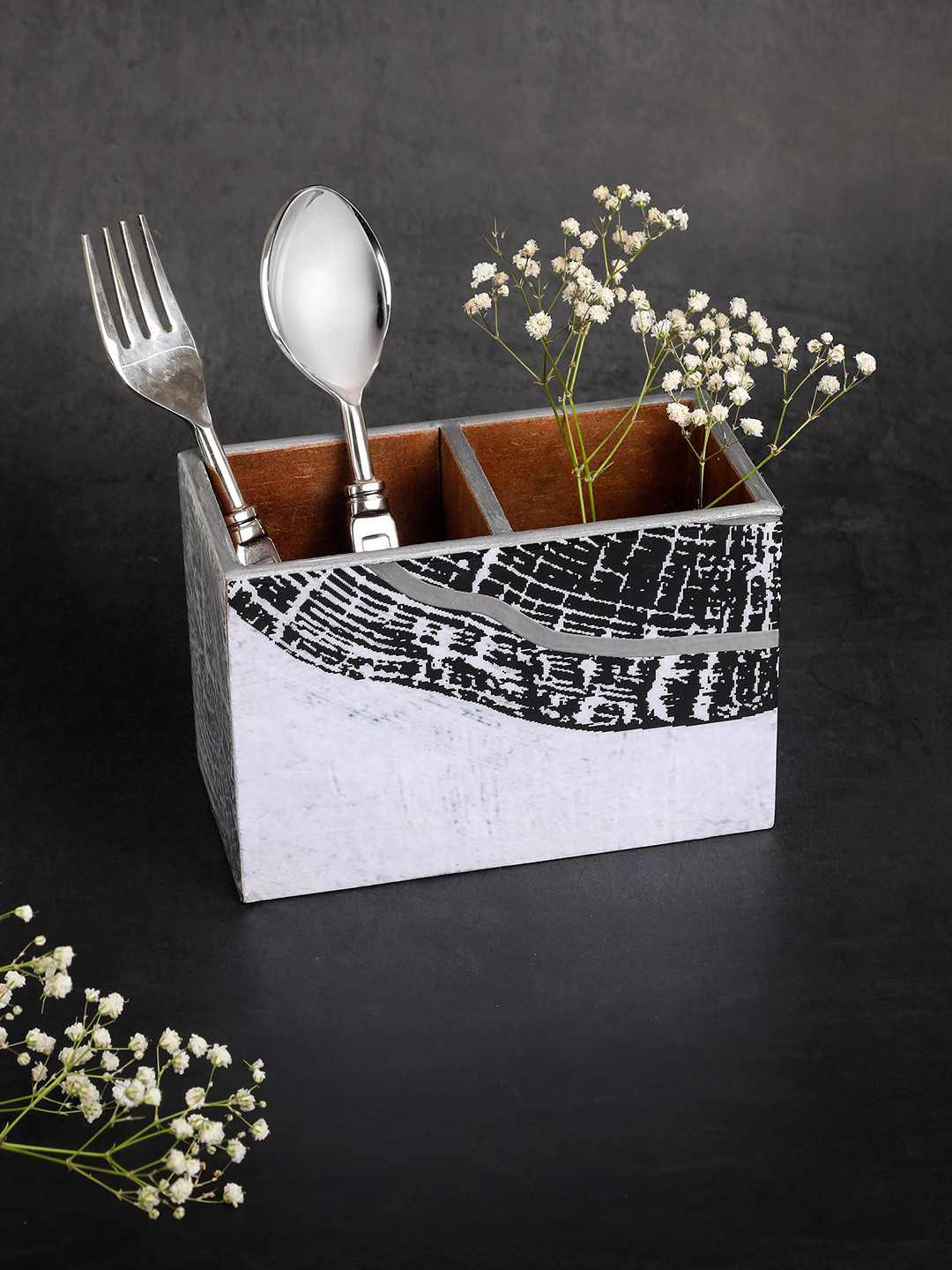 THE HOME CO. Grey & Black Printed Wooden Cutlery Holder