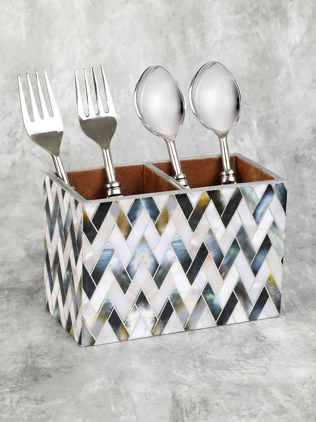 THE HOME CO. White & Grey Printed Wooden Cutlery Holder