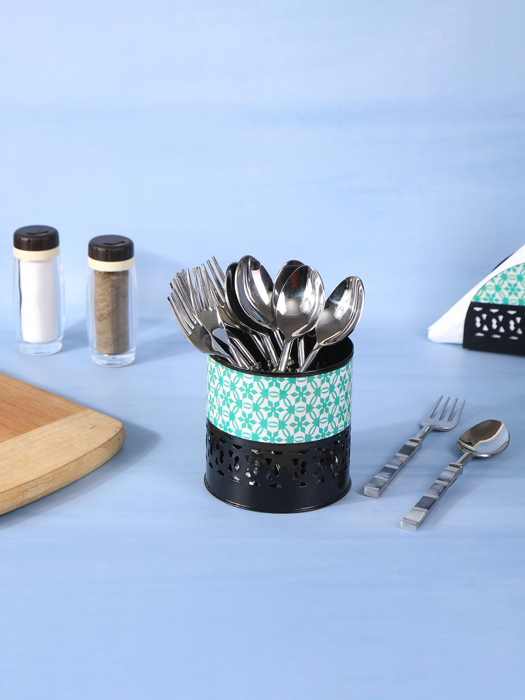 THE HOME CO. Black & Green Printed Metallic Cutlery Holder
