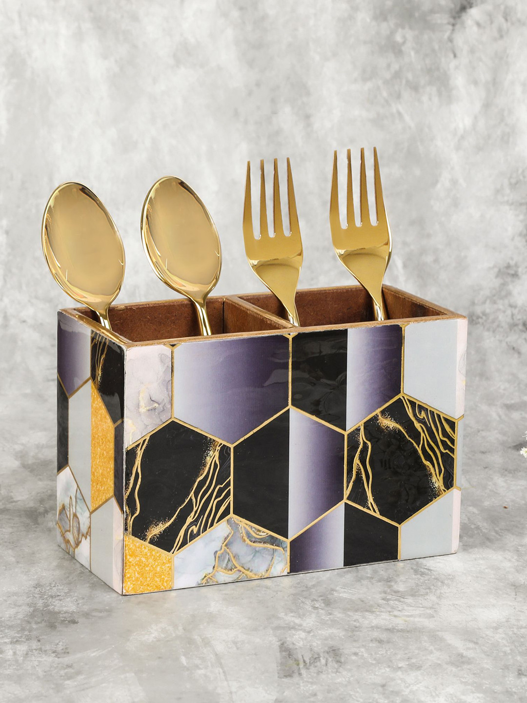 THE HOME CO. Black & Grey Printed Wooden Cutlery Holder