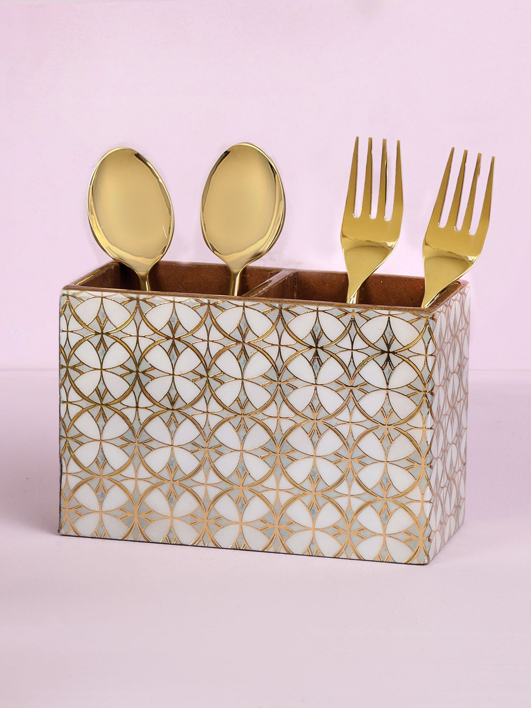 THE HOME CO. White Printed Wooden Cutlery Holder