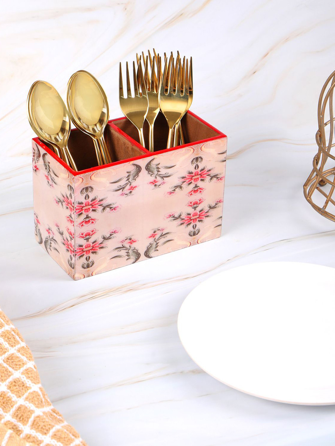 THE HOME CO. Pink & Green Printed Wooden Cutlery Holder