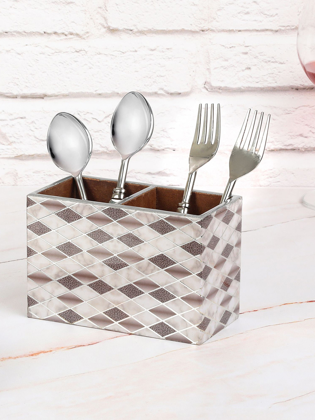 THE HOME CO. Grey Printed Wooden Cutlery Holder