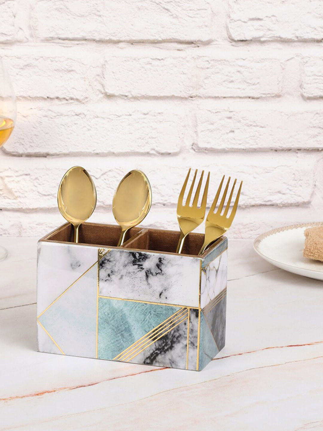 THE HOME CO. Grey & Blue Printed Wooden Cutlery Holder