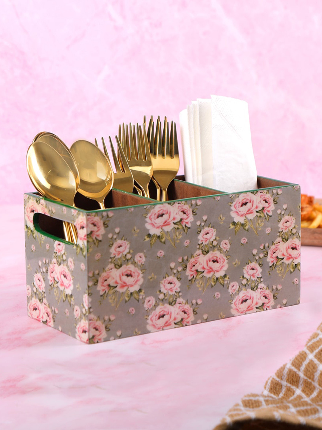 THE HOME CO. Grey & Green Printed Wooden Cutlery Holder