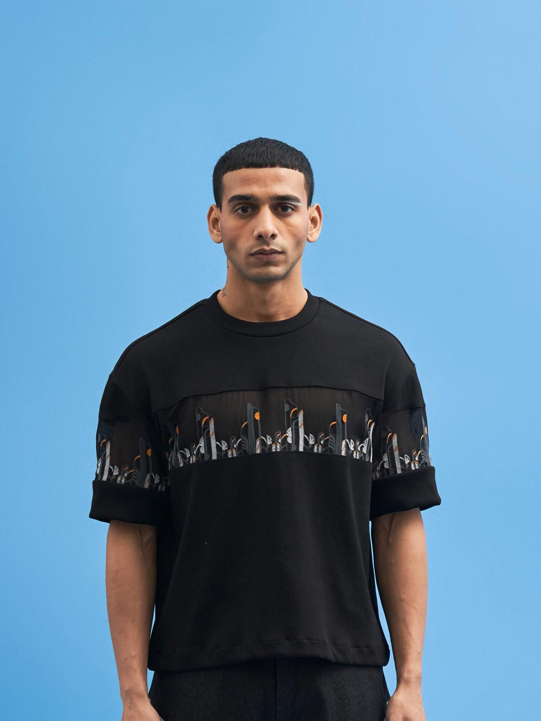 Siddhant Agrawal Men Printed Black Coastline Embroidered T-Shirt