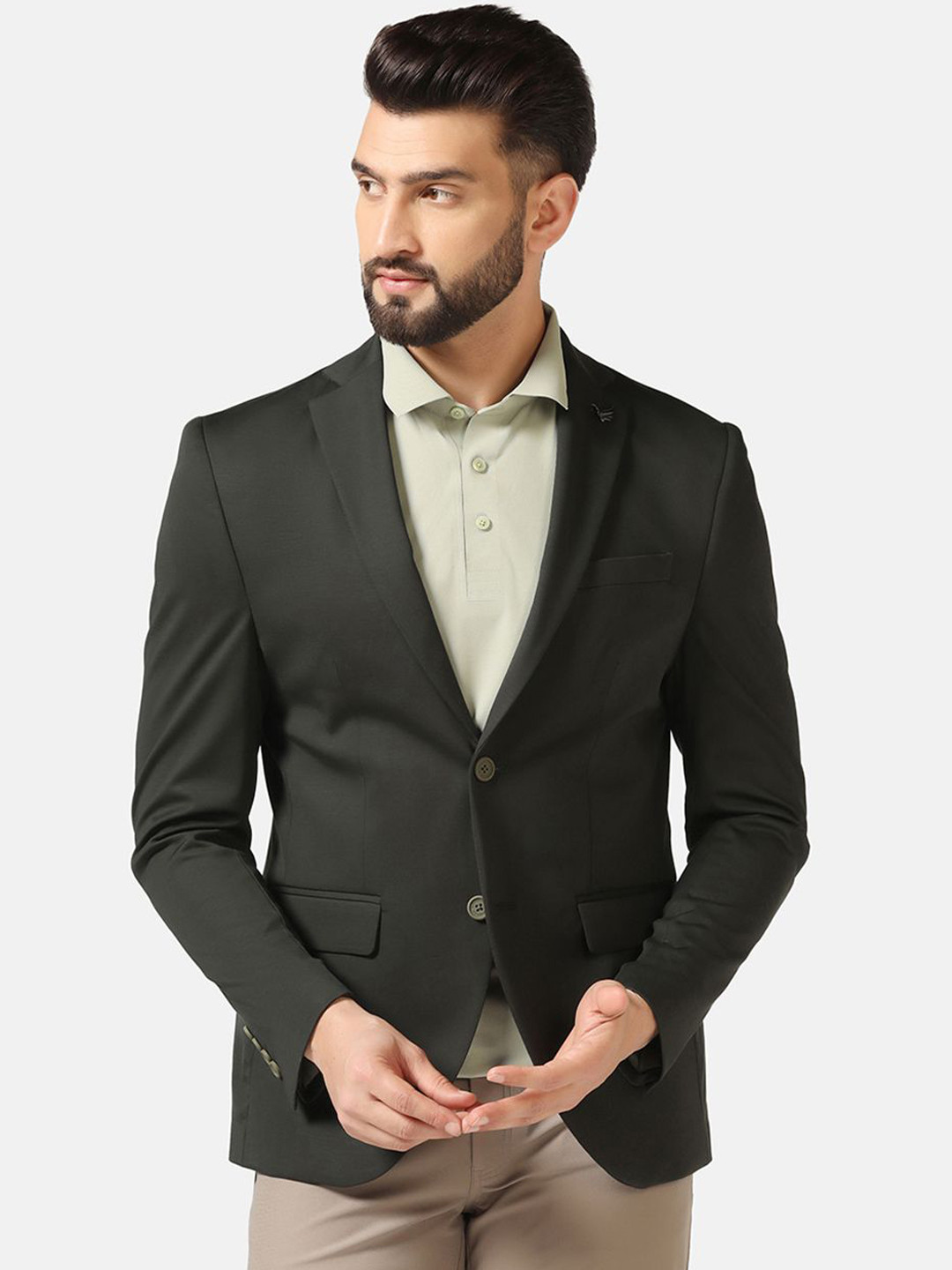 Blackberrys Men Notched Lapel Formal Green Solid TechPro Blazer