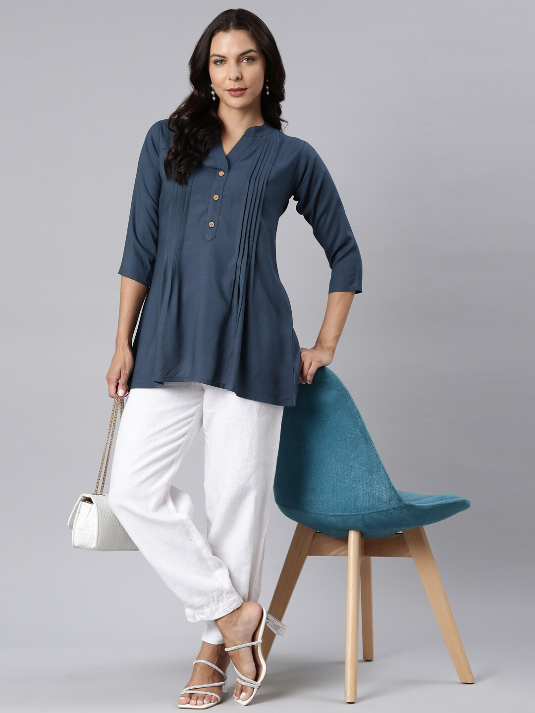 ZHEIA Women Mandarin Collar Three-Quarter Sleeves Top