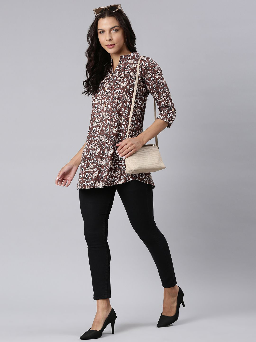 ZHEIA FWomen loral Printed Mandarin Collar Longline Top