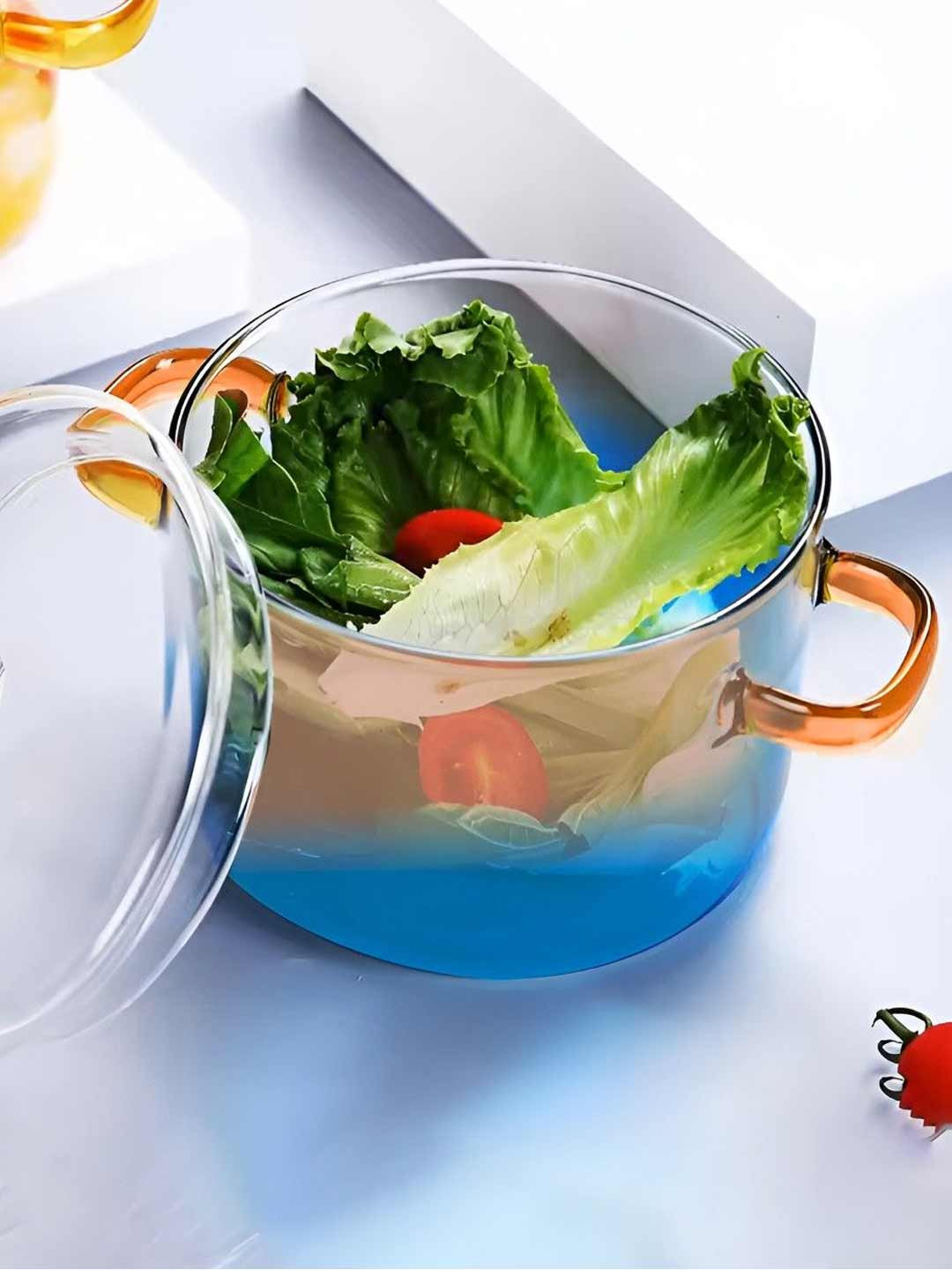 Ekhasa Transparent & Blue Borosilicate Glass Cooking & Serving Handi with Lid