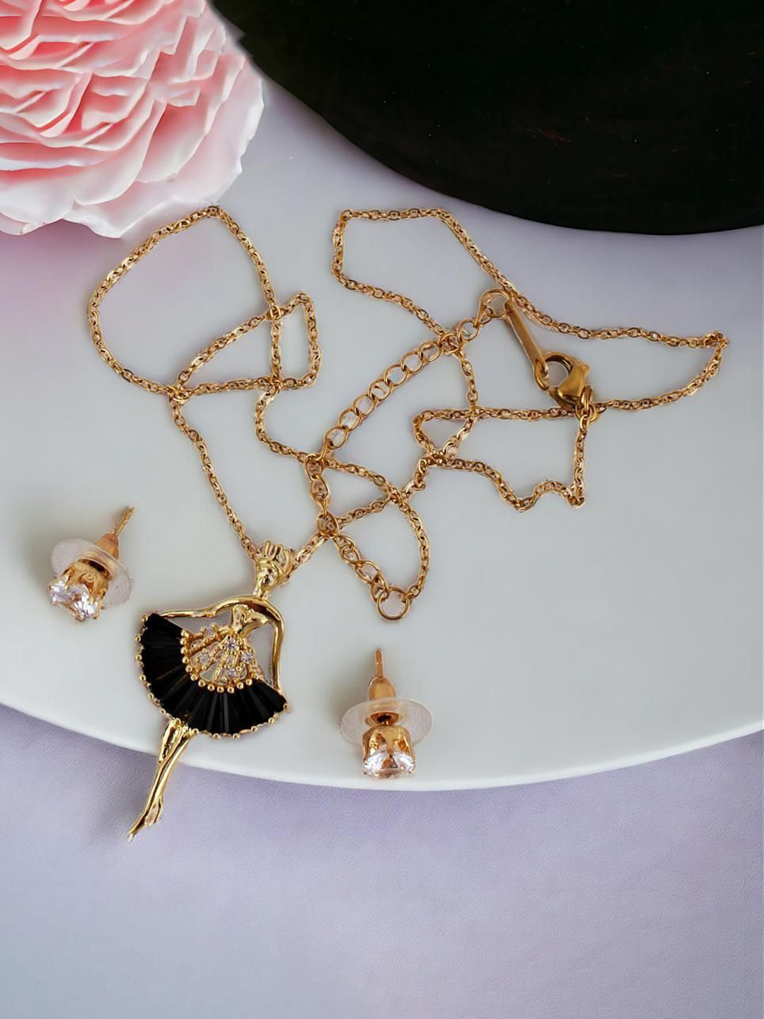 LUCKY JEWELLERY Gold Plated AD-Studded Dancing Doll Pendant and Earrings Jewellery Set