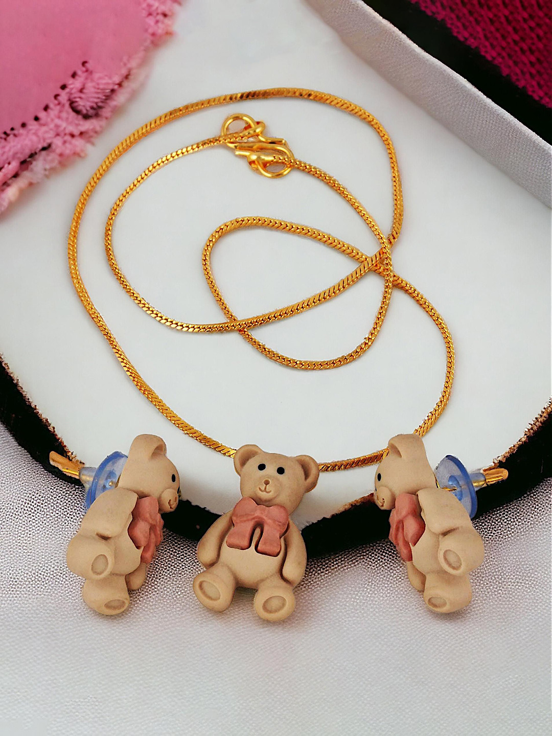 LUCKY JEWELLERY Teddy Bear Locket Chain With Earrings Jewellery Set