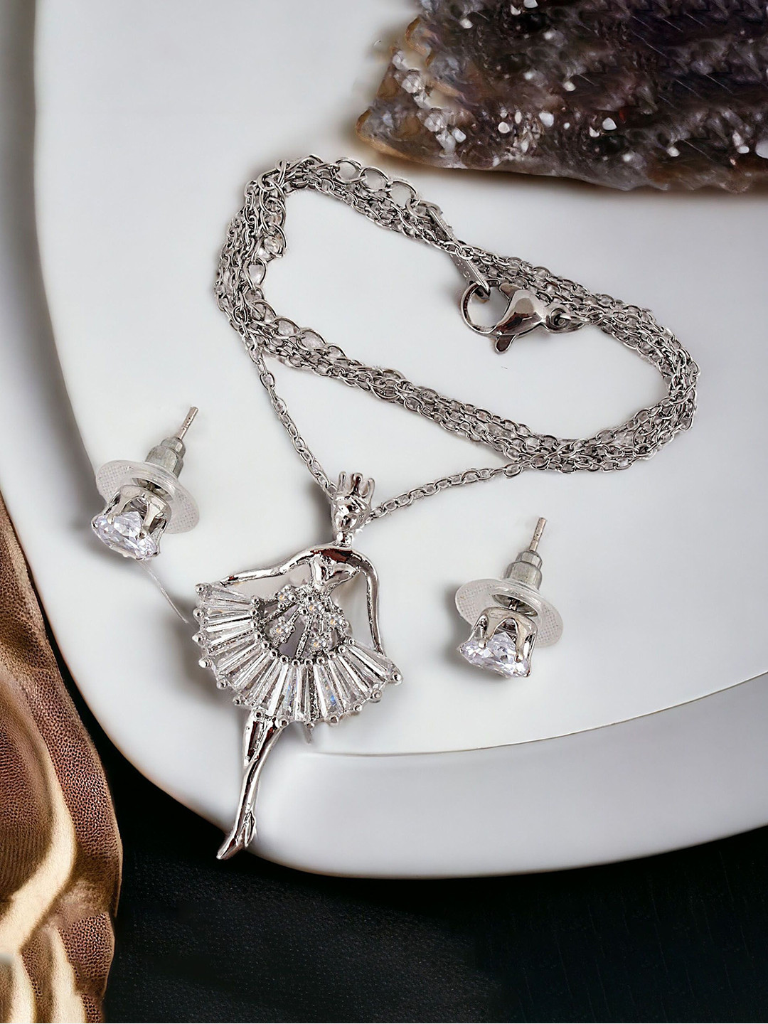 LUCKY JEWELLERY Silver-Plated AD-Studded Dancing Doll Pendant and Earrings Jewellery Set