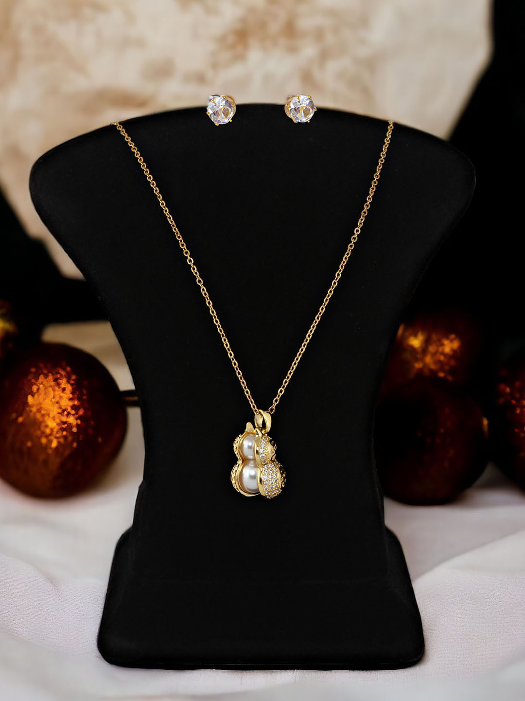 LUCKY JEWELLERY Gold Plated American Diamond Pendant & Chain With Earrings