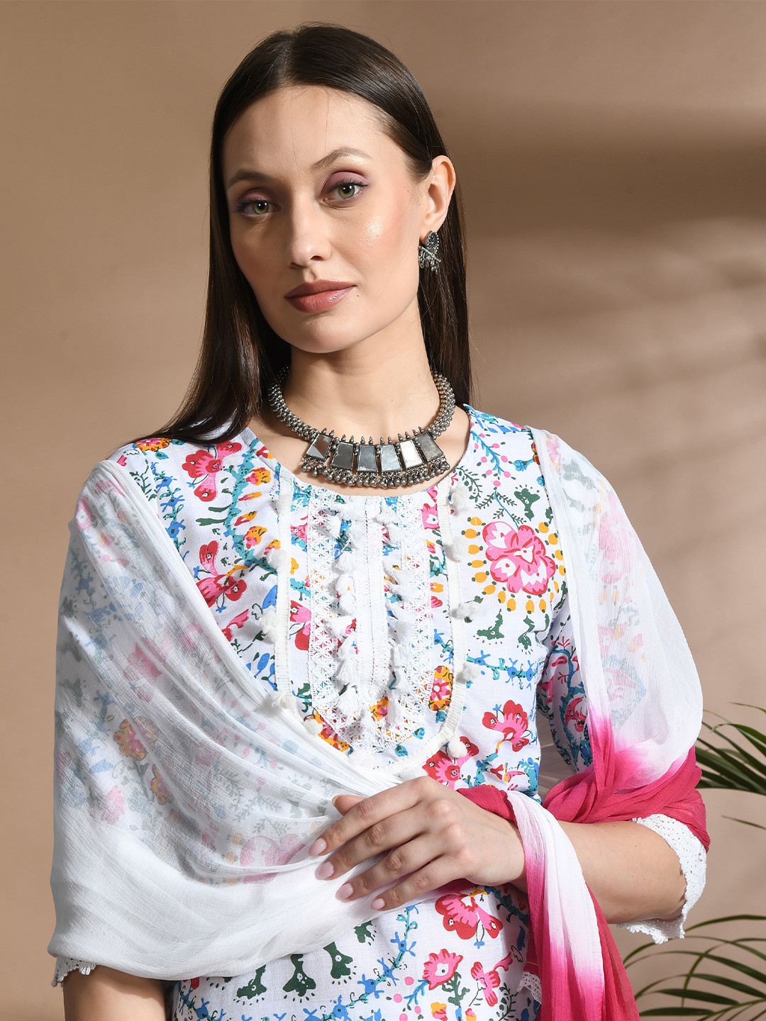 CRENOL THREADS Floral Printed Thread Work Pure Cotton A-Line Kurta With Trousers & Dupatta