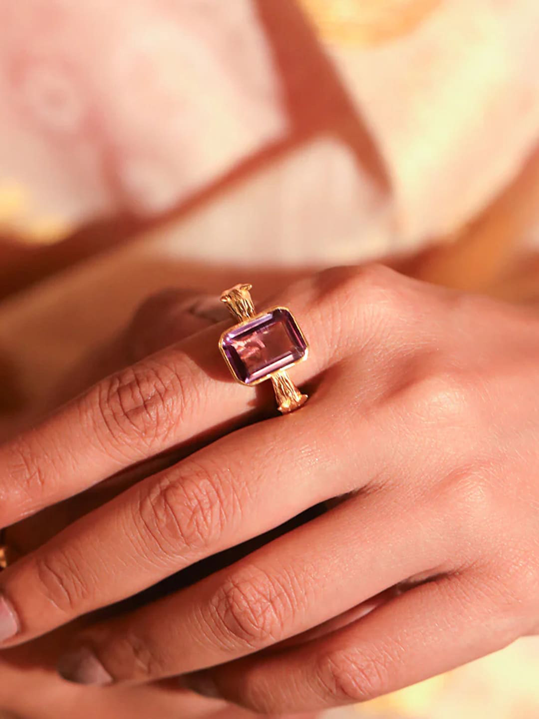 Unniyarcha SITAYAN Ashwamedh Gold-Plated Amethyst Stone Studded Adjustable Finger Ring