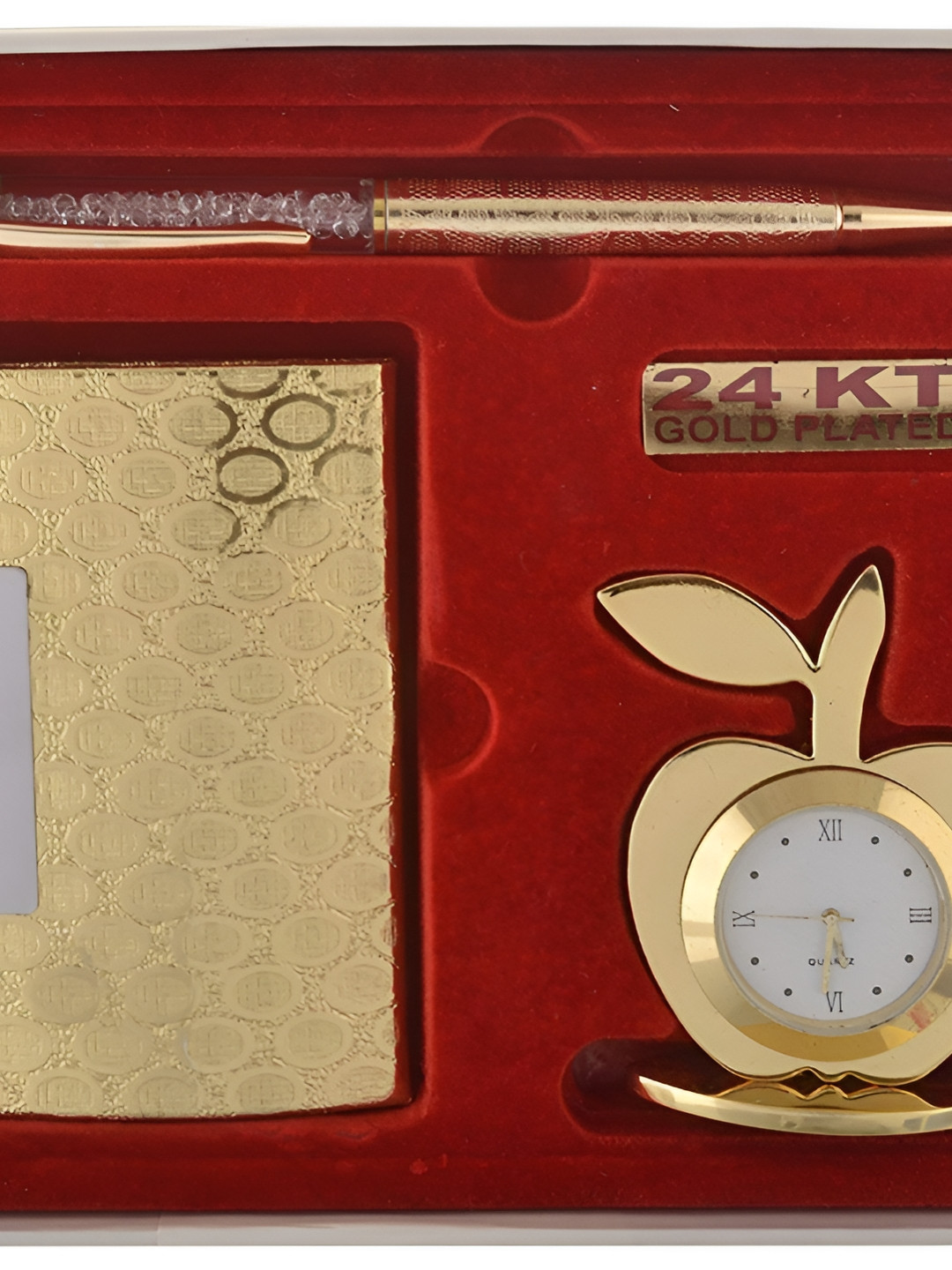 INTERNATIONAL GIFT 3-Pcs Gold-Plated Pen, Card Holder, Apple Clock Home Gift Sets