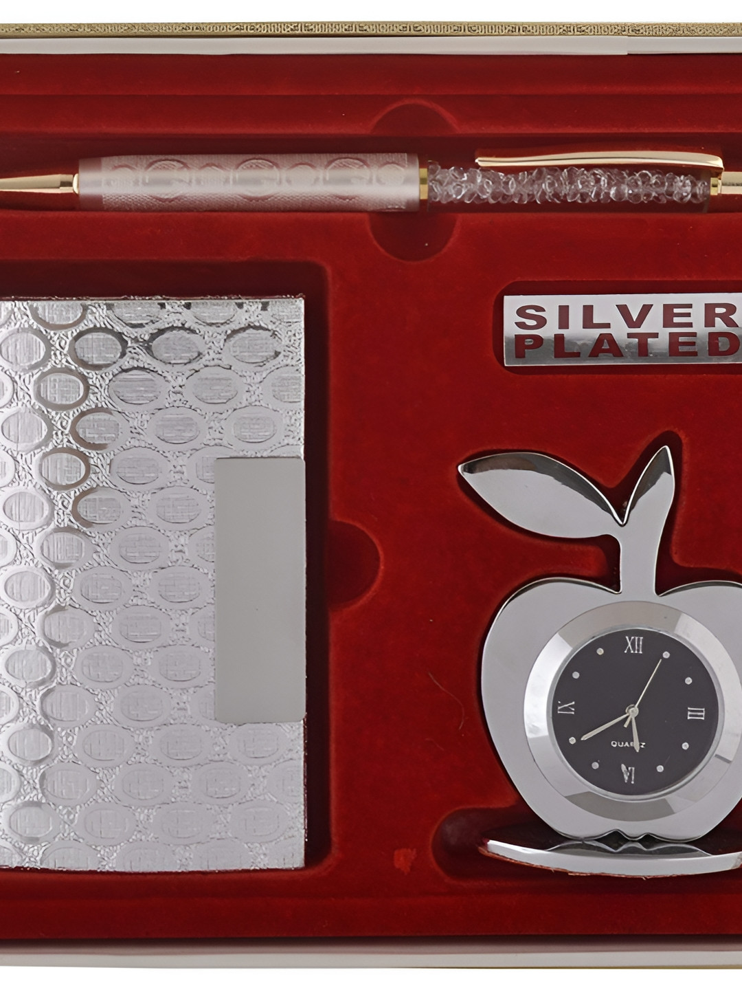 INTERNATIONAL GIFT Silver Toned 3-Pcs Pen, Card Holder  Apple Clock Home Gift Sets