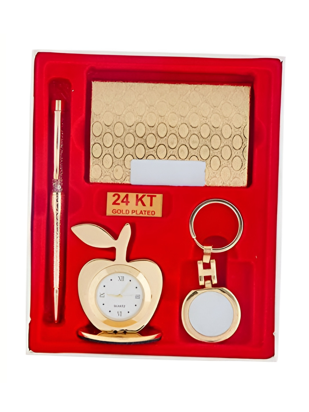 INTERNATIONAL GIFT Gold Toned 4-Pcs Pen With Card Holder Apple Clock & Keyring