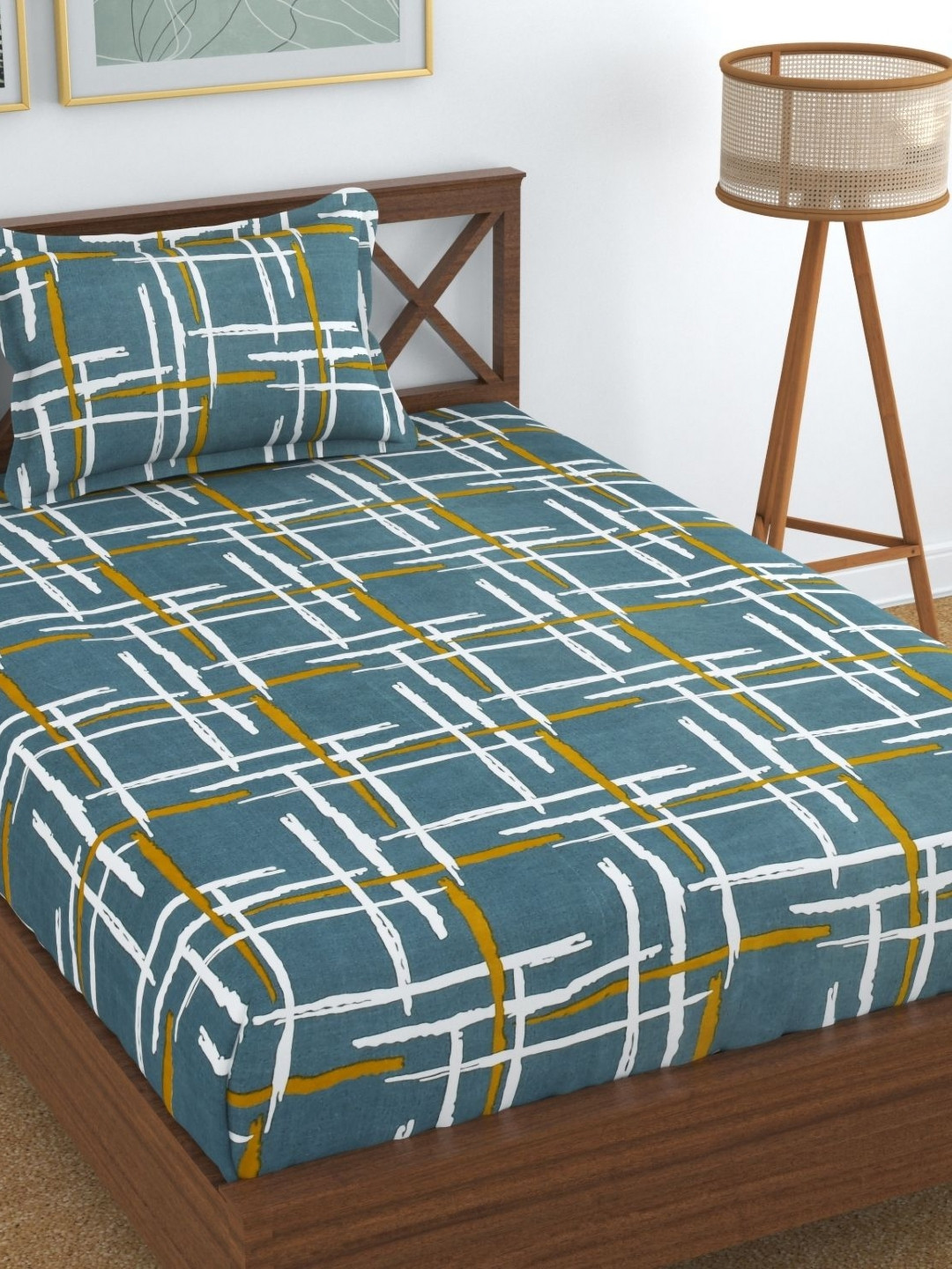 UrbanArts Teal Geometric Microfiber 170 TC Fitted Single Fine Bedsheet with a Pillow Cover-89 x 57 inches