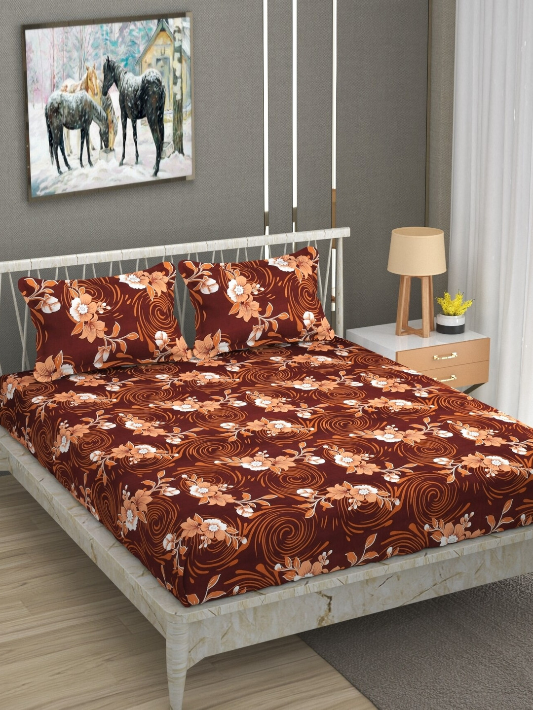 UrbanArts Copper Floral Microfiber 180 TC King Fine Bedsheet with 2 Pillow Covers-228 x 228 cm