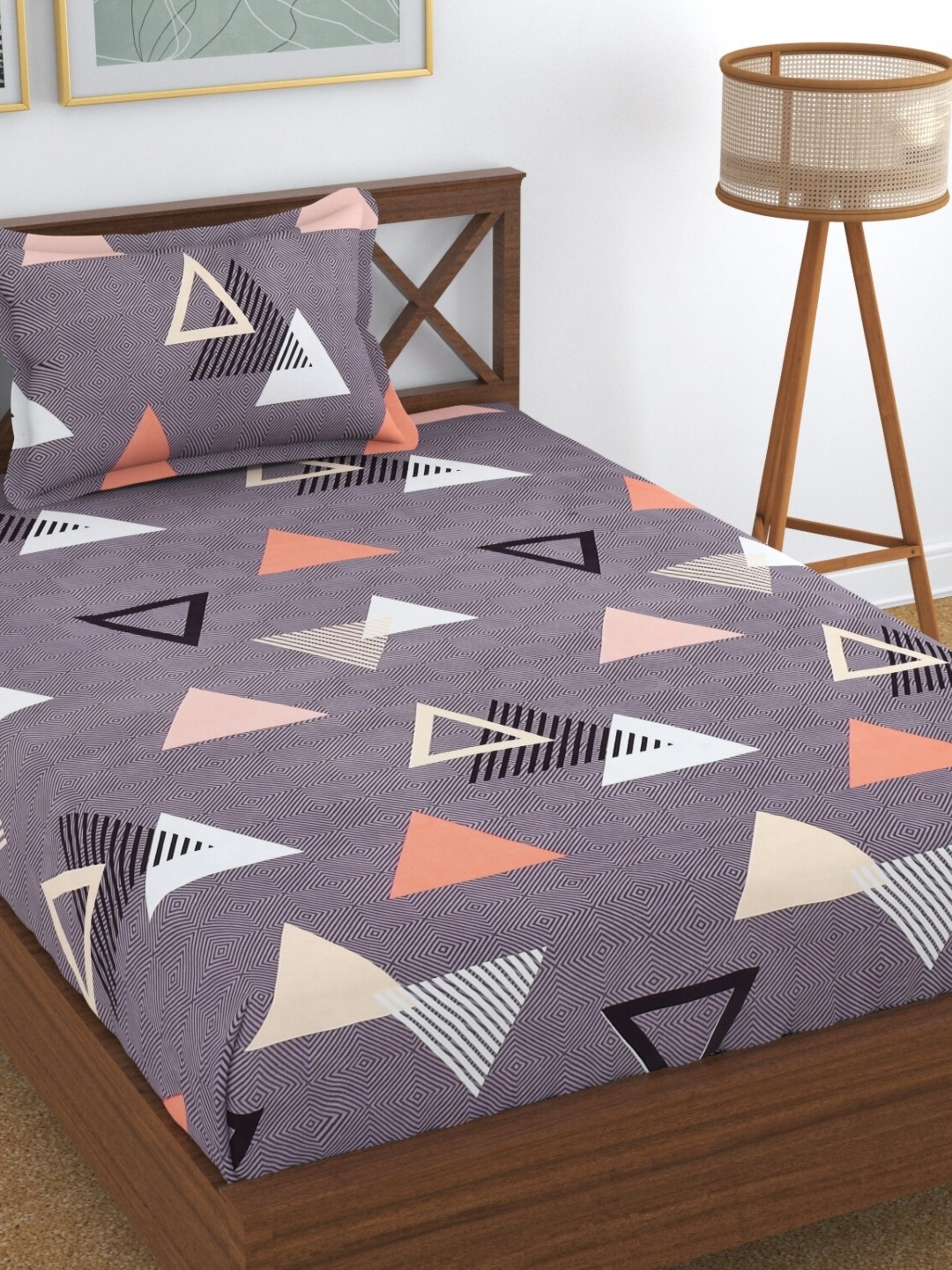 UrbanArts Burgundy Geometric Microfiber 180 TC Single Fine Bedsheet with a Pillow Cover-226 x 144 cm