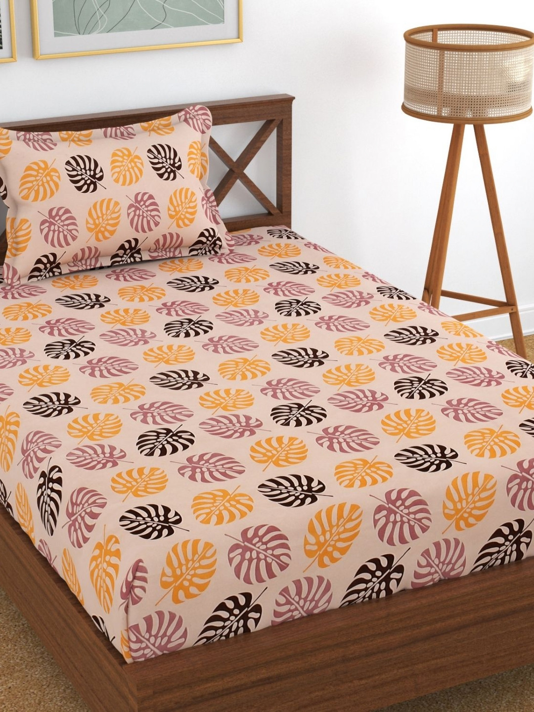 UrbanArts Orange Leaf Microfiber 180 TC Single Fine Bedsheet with a Pillow Cover-226.06 x 144.78 cm