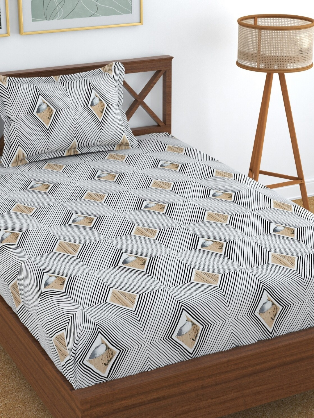 UrbanArts Grey Geometric Microfiber 170 TC Fitted Single Fine Bedsheet with a Pillow Cover-89 x 57 inches