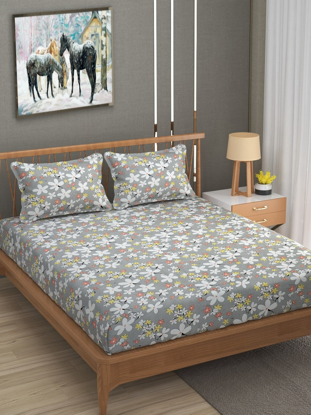 UrbanArts Grey Floral Microfiber 170 TC Fitted King Fine Bedsheet with 2 Pillow Covers-90 x 90 inches