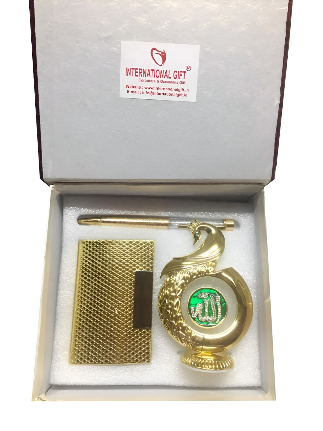 INTERNATIONAL GIFT Gold Toned 3 Pc Pen, Visiting Card Holder & Peacock Shape Home Gift Set