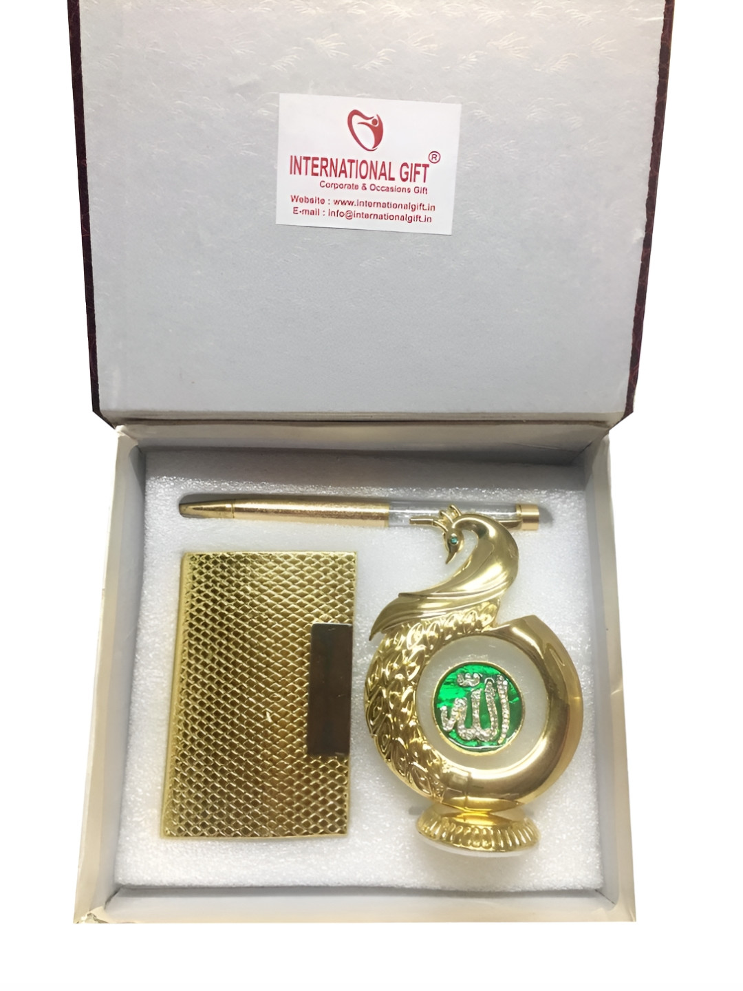 INTERNATIONAL GIFT Gold Toned 3-Pcs Pen Card Holder & Peacock Shape Muslim God Gift Set