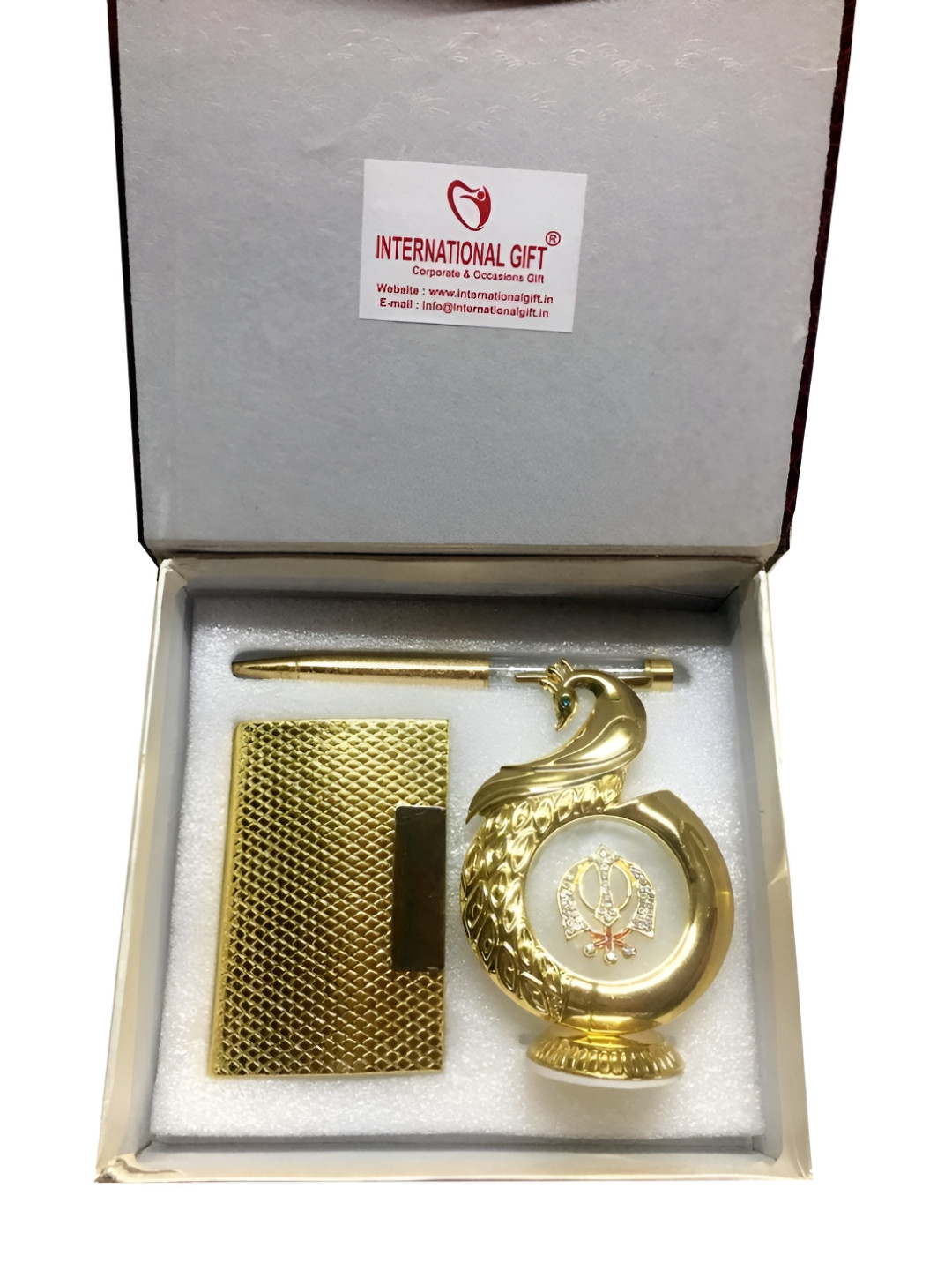 INTERNATIONAL GIFT 3-Pcs Pen  Card Holder & Peacock Shape Sikh Religious Symbol