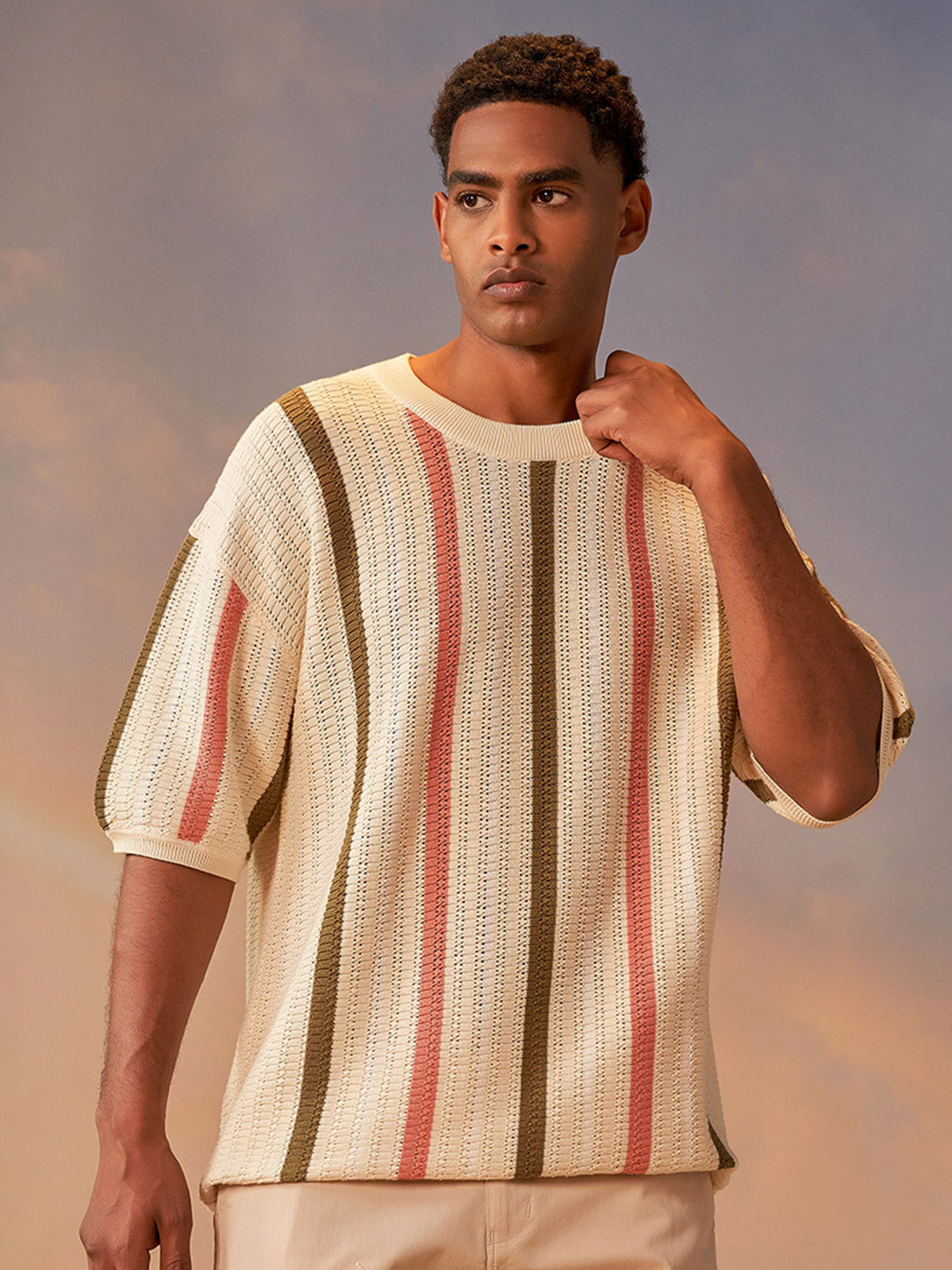 Styli Men Multi Premium Striped Knit Relaxed T-Shirt