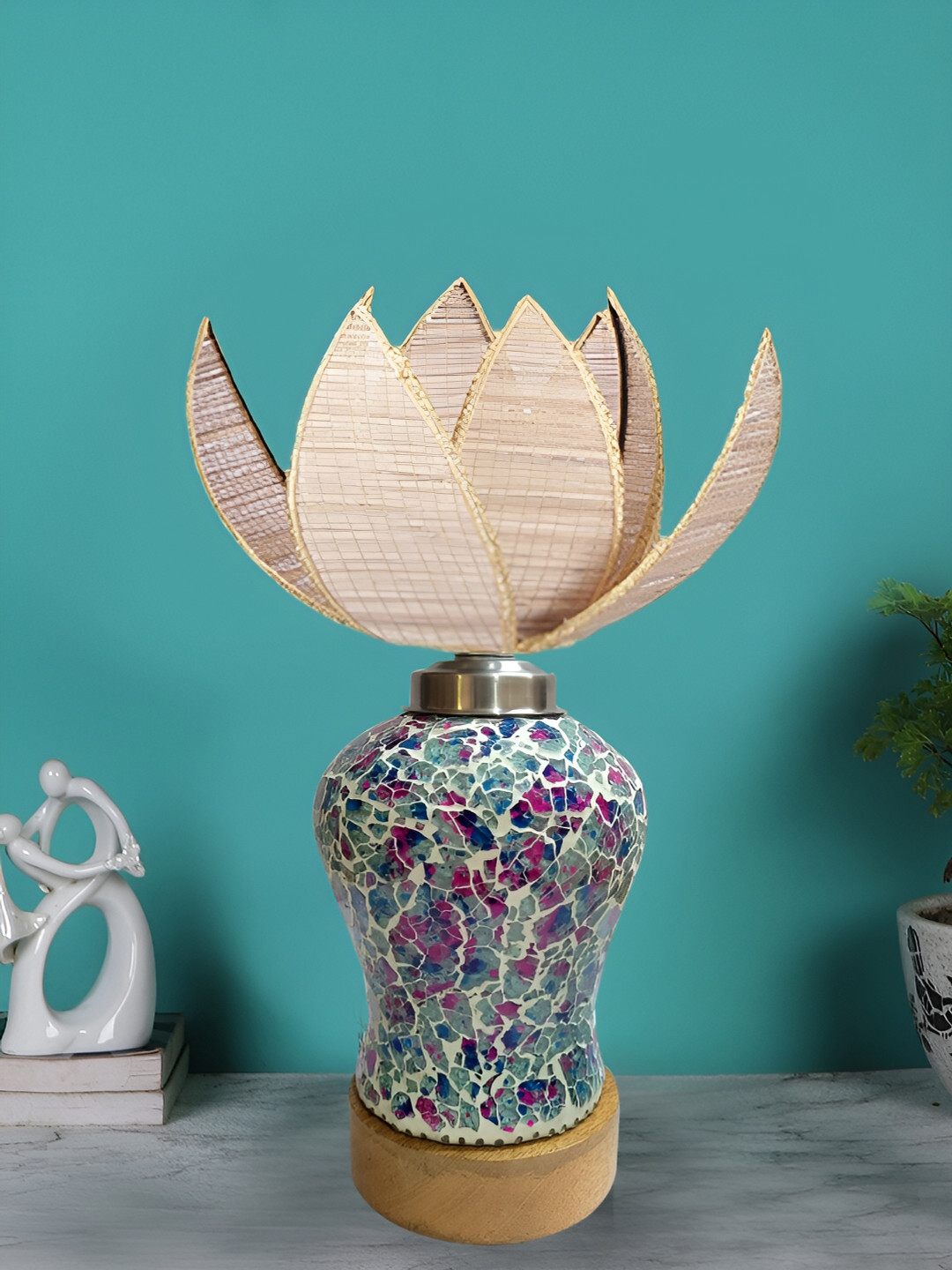 Devansh Beige Textured Glass Traditional Abstract Shaped Table Lamp