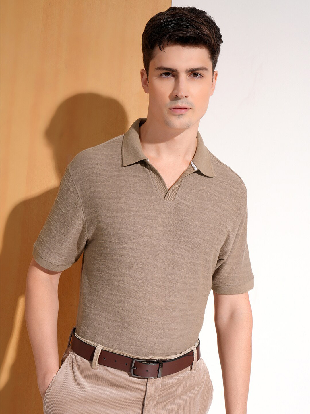 Highlander Men Textured Horizontal Striped Polo Neck T-shirt