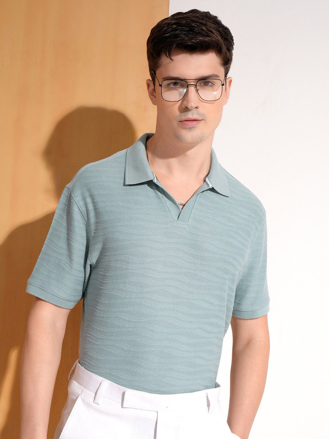 HIGHLANDER Men Blue Textured Horizontal Striped Polo Collar Relaxed Fit T-shirt