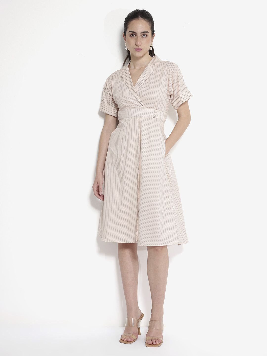 RAREISM Beige Striped Shirt Collar Fit & Flare Dress