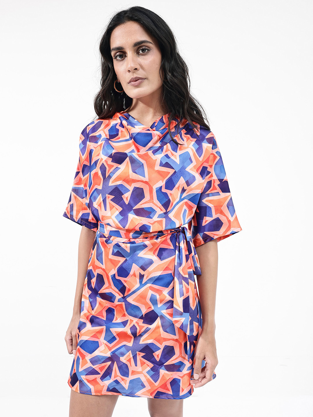 RAREISM Cowl Neck Short Sleeves Print Cotton Sheath Dress