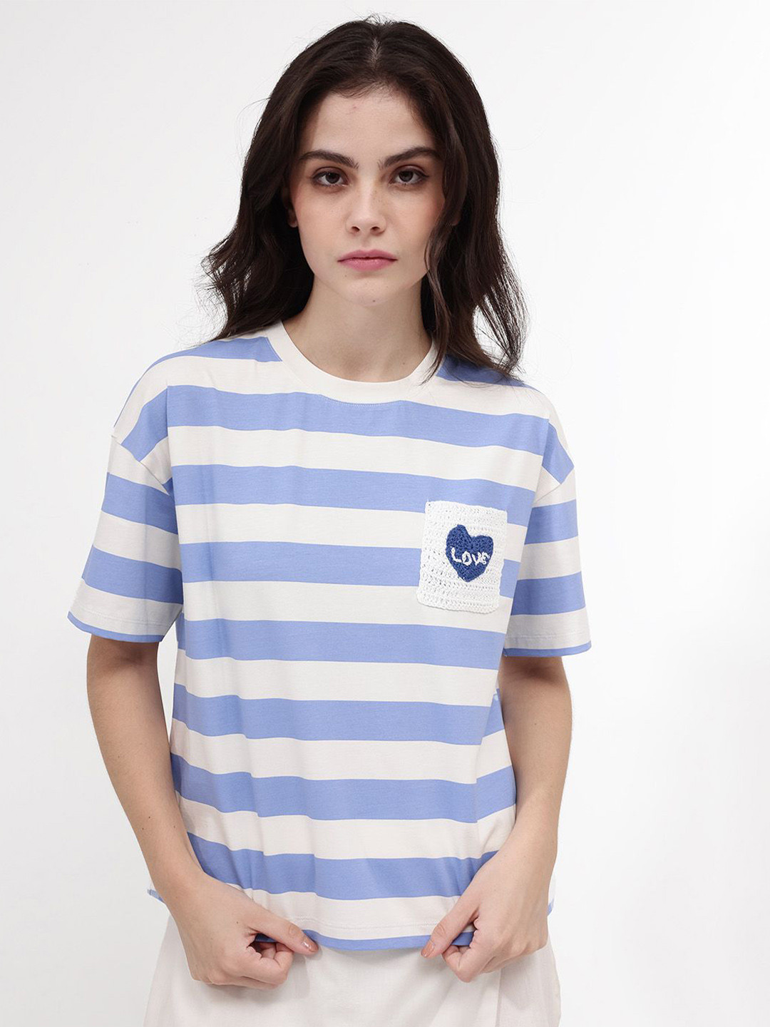 RAREISM Horizontal Striped Drop Shoulder Crochet Pockets Cotton Boxy T-shirt