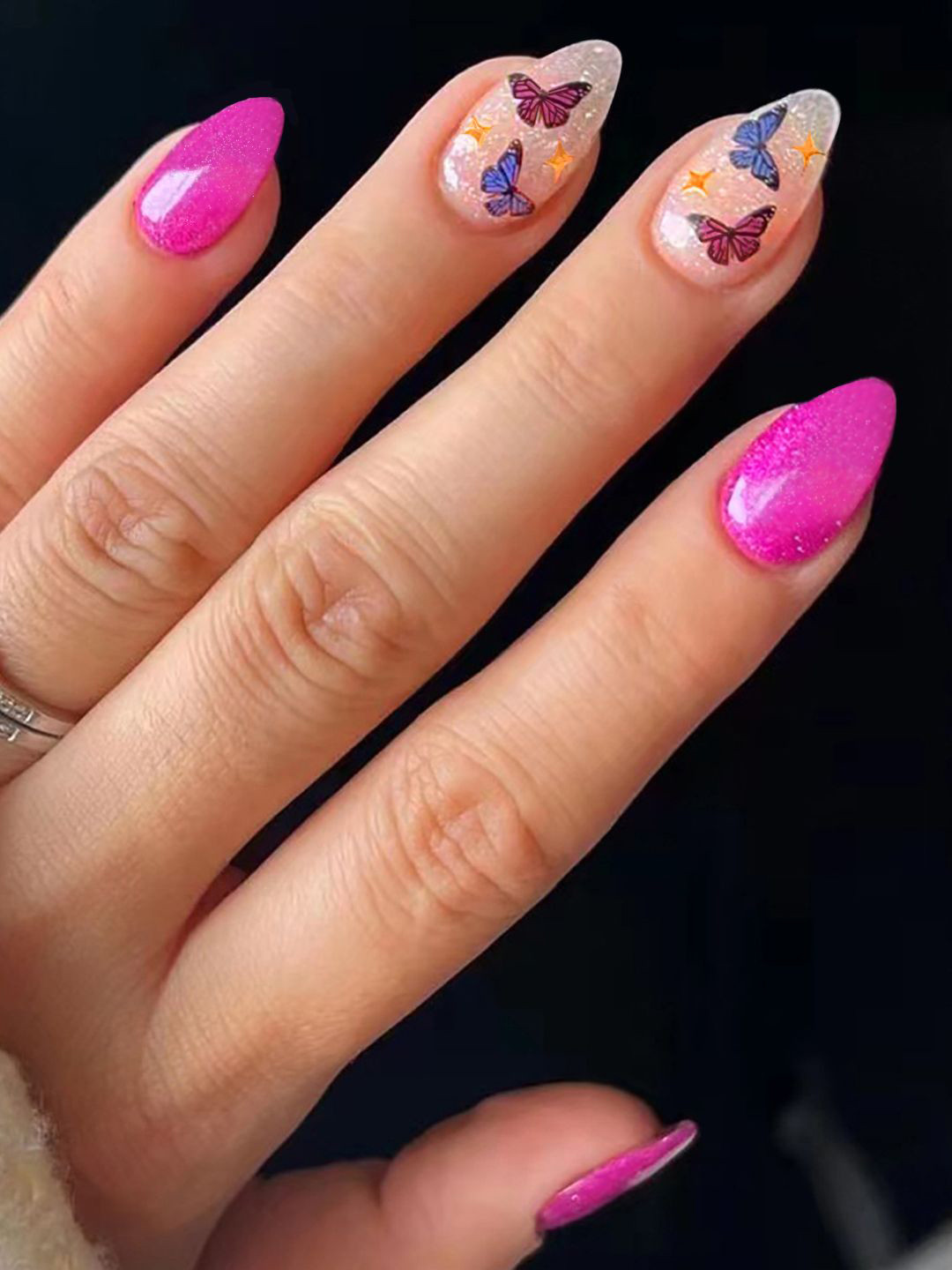 Secret Lives Set Of 24 Glossy Transparent With Glitter & Butterfly Design Nails