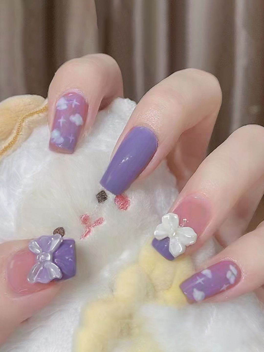 Secret Lives Set Of 24 Glossy Translucent With Cloud Patches Press On Nails - Purple