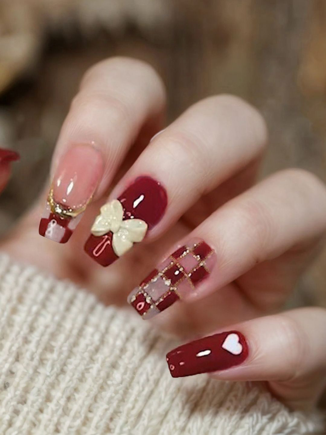 Secret Lives Set Of 24 Translucent With 3D Bow Heart Design Press On Nails - Dark Red