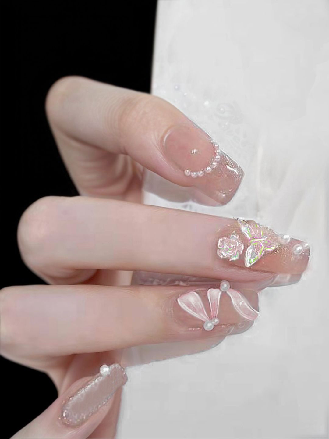 Secret Lives Set Of 24 Translucent 3D Flower With Butterfly & Studs Press On Nails - Pink