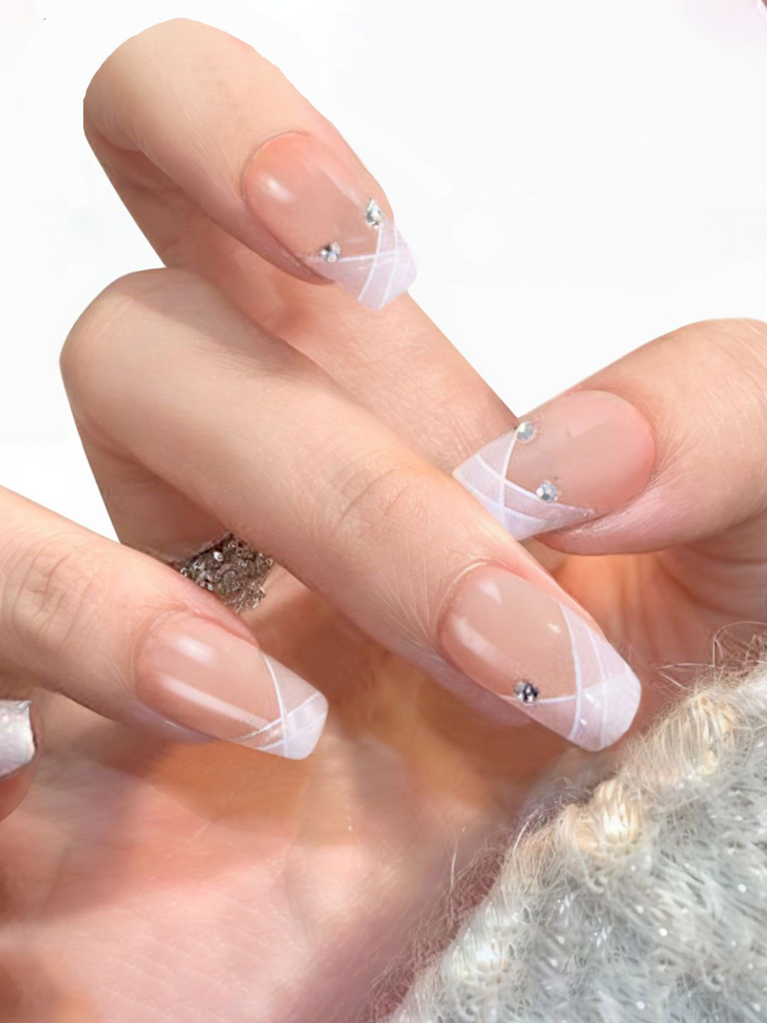 Secret Lives Set Of 24 Glossy With Stone & Stripes Design Press On Nails - Beige