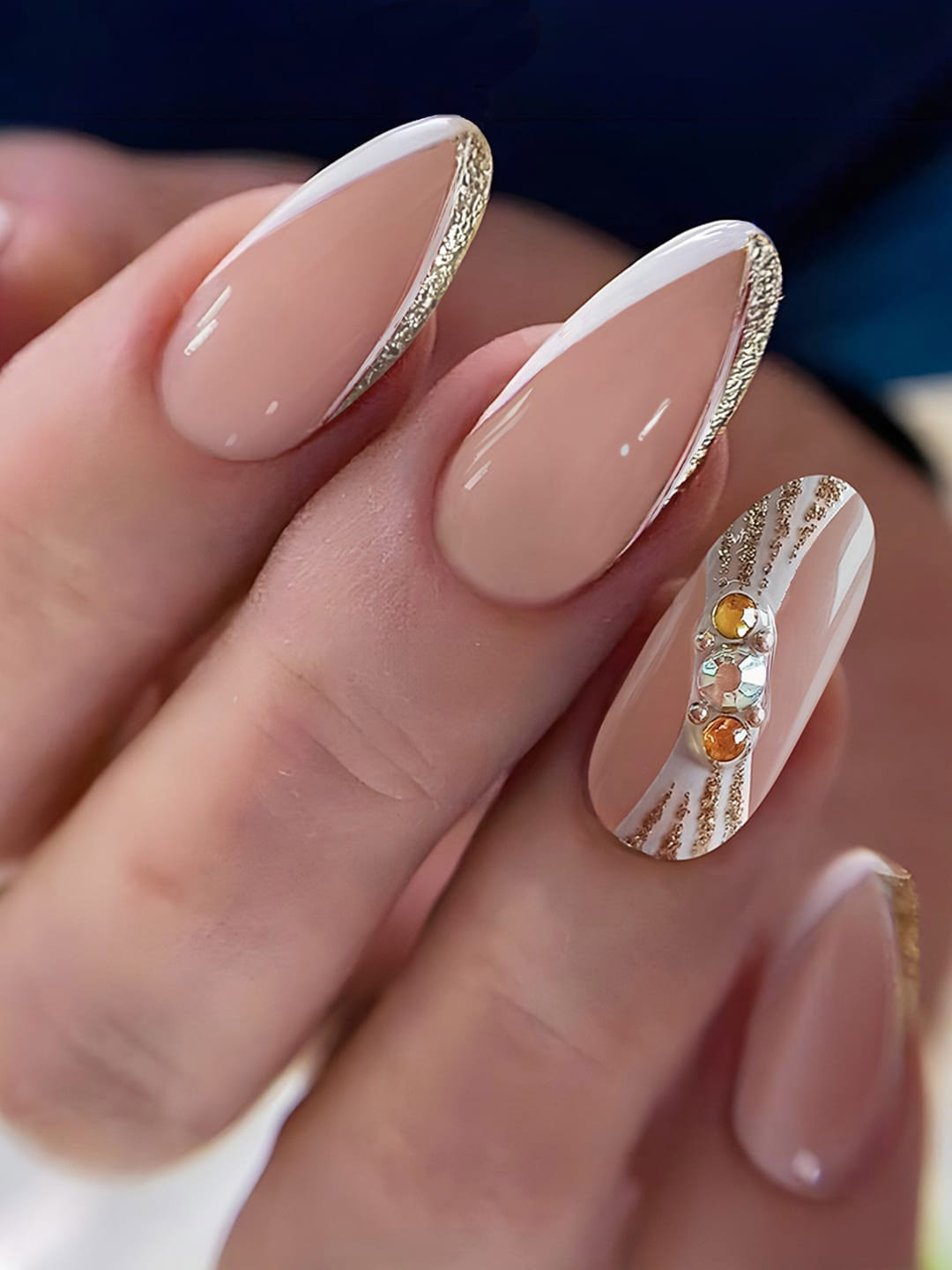 Secret Lives Set Of 24 Glossy With Stone & Golden Line Design Press On Nails - Nude