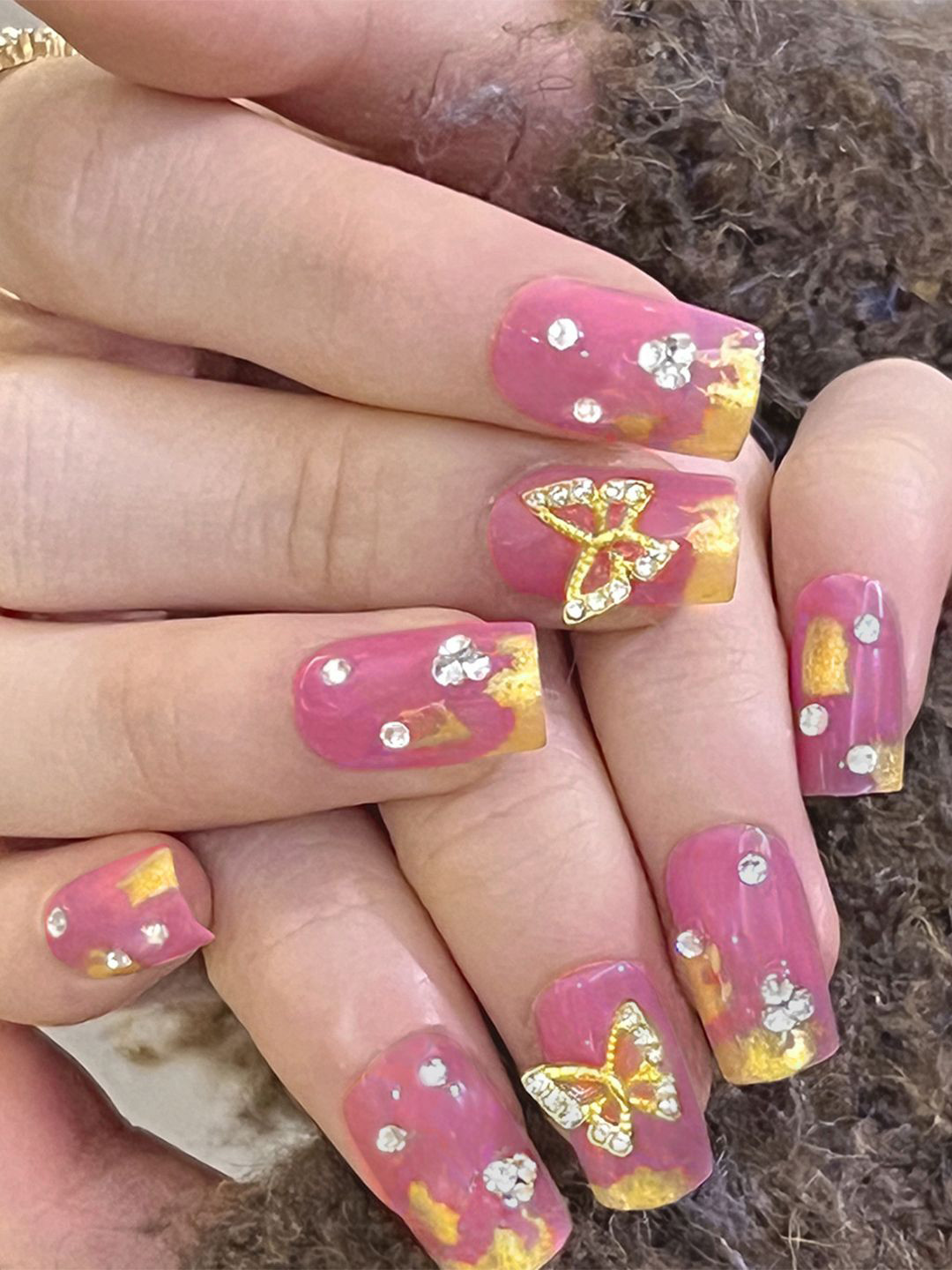 Secret Lives Set Of 24 Golden Patch With Butterfly & Stud Design Press On Nails-Pink &Gold