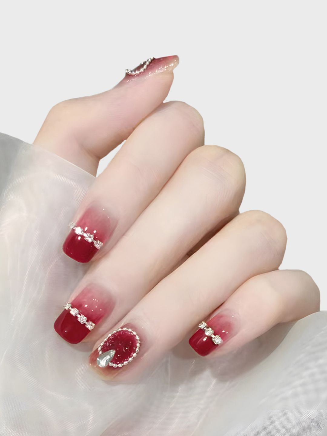 Secret Lives Set Of 24 Small Stone Chain Design Nails - Wine Red