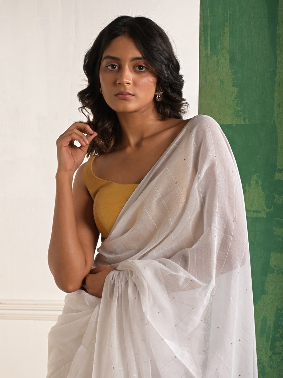 HUTS AND LOOMS Beaded Sequins Mul Cotton Saree