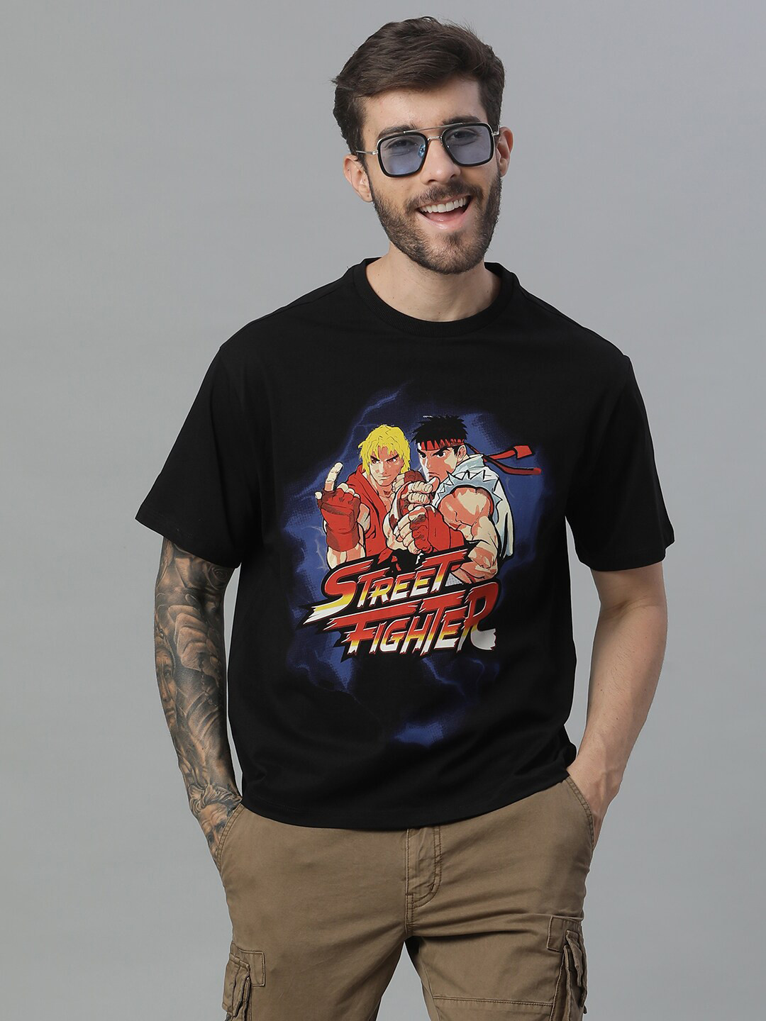 Free Authority Street Fighter Printed Pure Cotton Oversized-Fit Tshirt