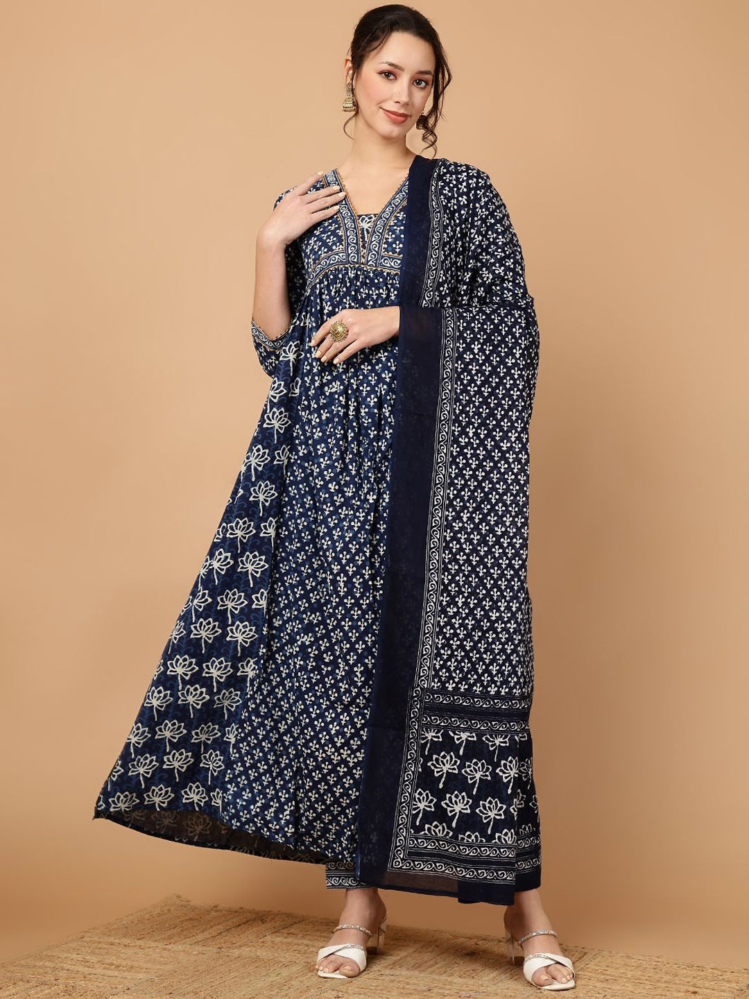 GLAM ROOTS Floral Printed Empire A-Line Kurta with Trousers & Dupatta